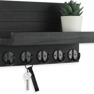 floydsummit Wall Key Holder with Shelf & Large Hooks, Paulownia Wood Entryway Mail Organizer, 9.8" x 6.7", Black