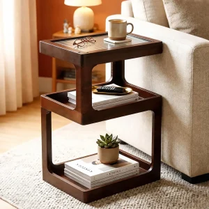 floydsummit Solid Pine Wood 3-Tier Side Table with Fluted Acrylic Top, Narrow Accent End Table, Retro Brown