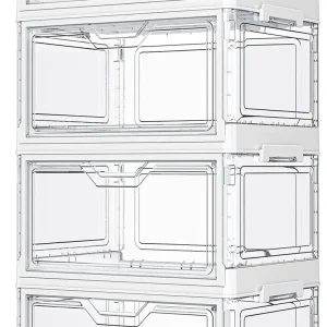 floydsummit 4-Tier Clear Plastic Storage Bins with Lid & Magnetic Front Door, 23 Qt Foldable Rolling Organizer, White