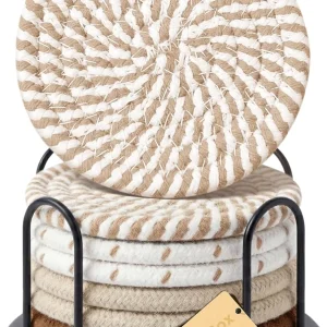 floydsummit Absorbent Cotton Linen Coasters Set of 8 with Holder, 4" Round Drink Coasters for Coffee Table, Coffee