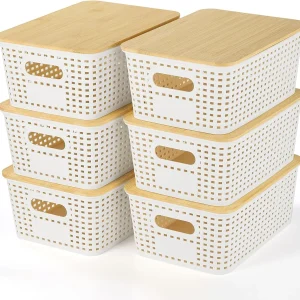 floydsummit 6-Pack Woven Plastic Storage Baskets with Bamboo Lids, Stackable Pantry & Closet Organizers, Cream White
