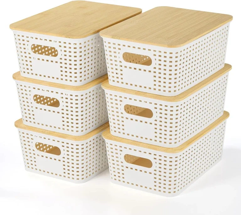 Cream white woven storage baskets with bamboo lids