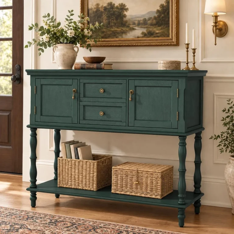 Green retro console table with drawers and cabinets