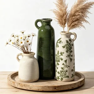 floydsummit Ceramic Vase Set of 3 with Handles, Rustic Farmhouse Boho Vases for Mantel & Table Centerpiece, Green White