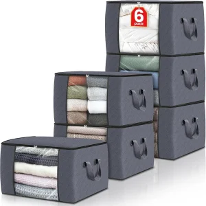 floydsummit 6-Pack Foldable Fabric Storage Bags with Lids & Clear Window, 60L Clothes and Blanket Storage Bins, Grey