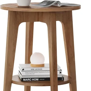 floydsummit Round Side Table with Lower Shelf, Mid-Century End Table for Small Spaces, 15.8" x 19.7", Honey Brown