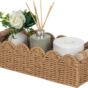 floydsummit Scalloped Paper Rope Storage Basket with Wooden Handles, Woven Toilet Paper & Shelf Basket, Neutral