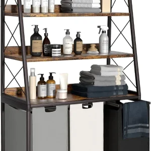 floydsummit 3-Section Laundry Sorter with 4-Tier Shelf, Pull-Out Removable Hamper Bags, 3 x 60L, Rustic Brown