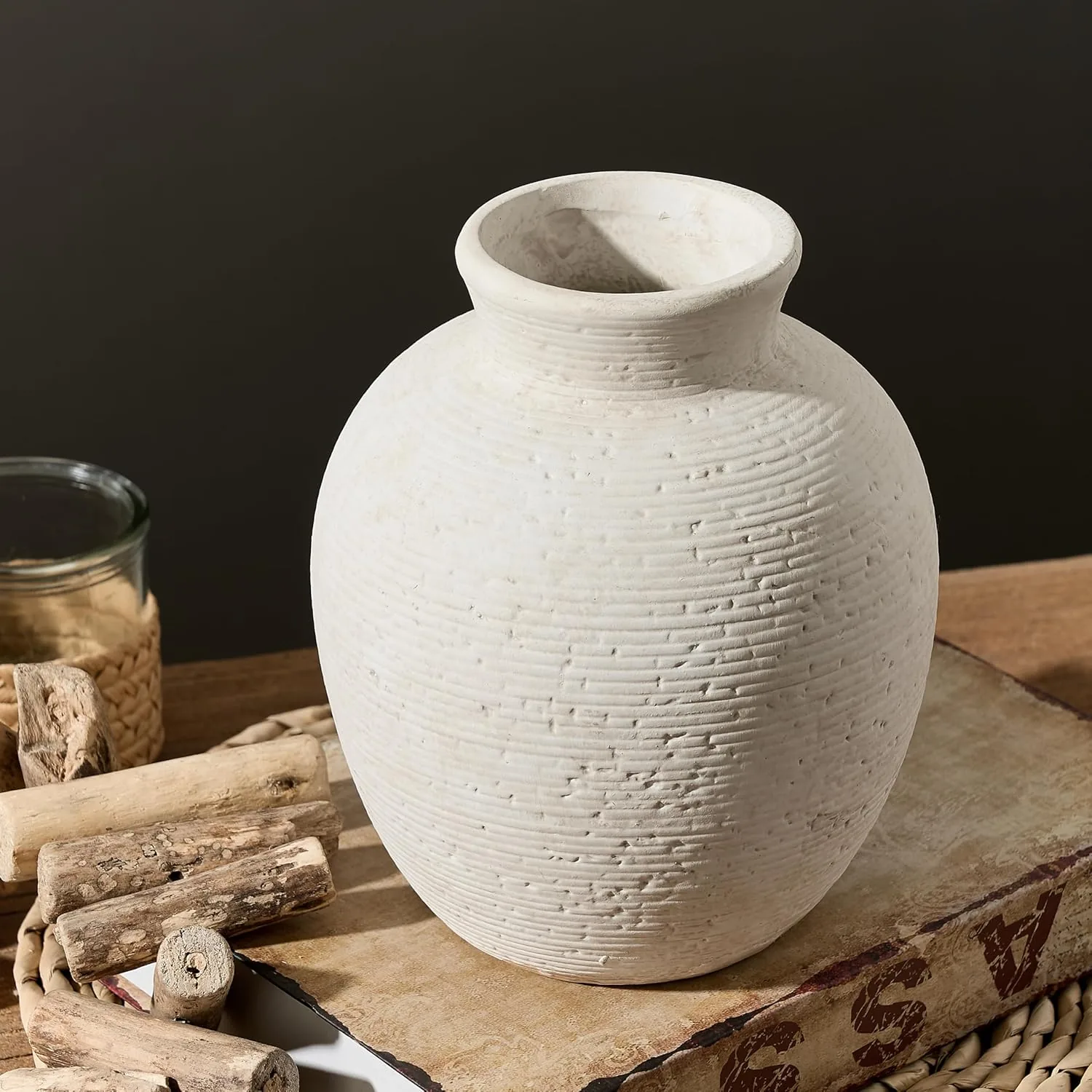 floydsummit 7.4" Rustic Ceramic Flower Vase, Handcrafted Farmhouse Table Vase for Mantel, Shelf & Dining Decor - Image 4