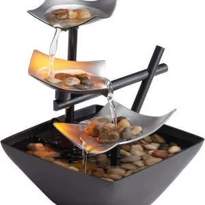 floydsummit 3-Tier Tabletop Water Fountain with Light & River Rocks, Relaxing Zen Desk Fountain, Silver Springs