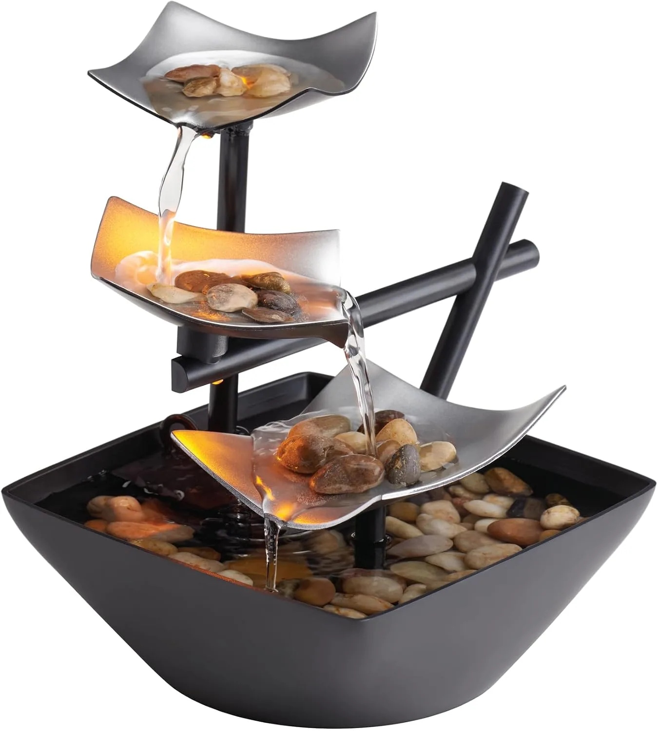 floydsummit 3-Tier Tabletop Water Fountain with Light & River Rocks, Relaxing Zen Desk Fountain, Silver Springs