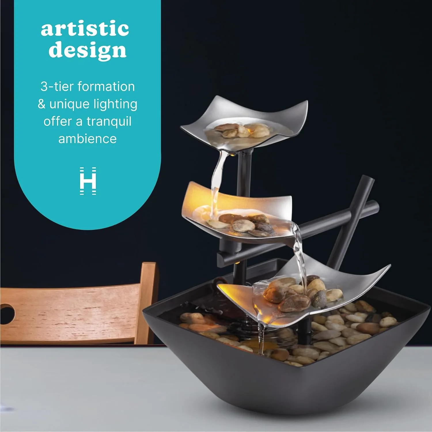 floydsummit 3-Tier Tabletop Water Fountain with Light & River Rocks, Relaxing Zen Desk Fountain, Silver Springs - Image 3