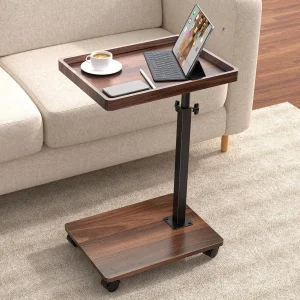 floydsummit C-Shaped End Table with Wheels, Adjustable Height 360° Swivel TV Tray Side Table for Sofa, Walnut Brown