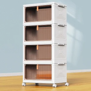 floydsummit 4-Tier Collapsible Storage Bins with Lids & Wheels, 23 Qt Stackable Organizer with Front Door, White